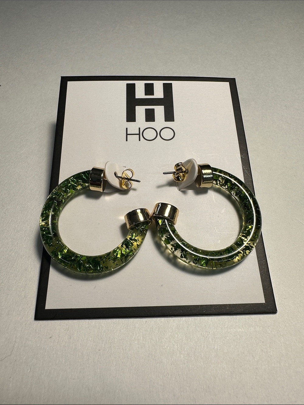 Hoo Hoops Green & Clear Hoop Earrings with Gold Accents BRAND NEW